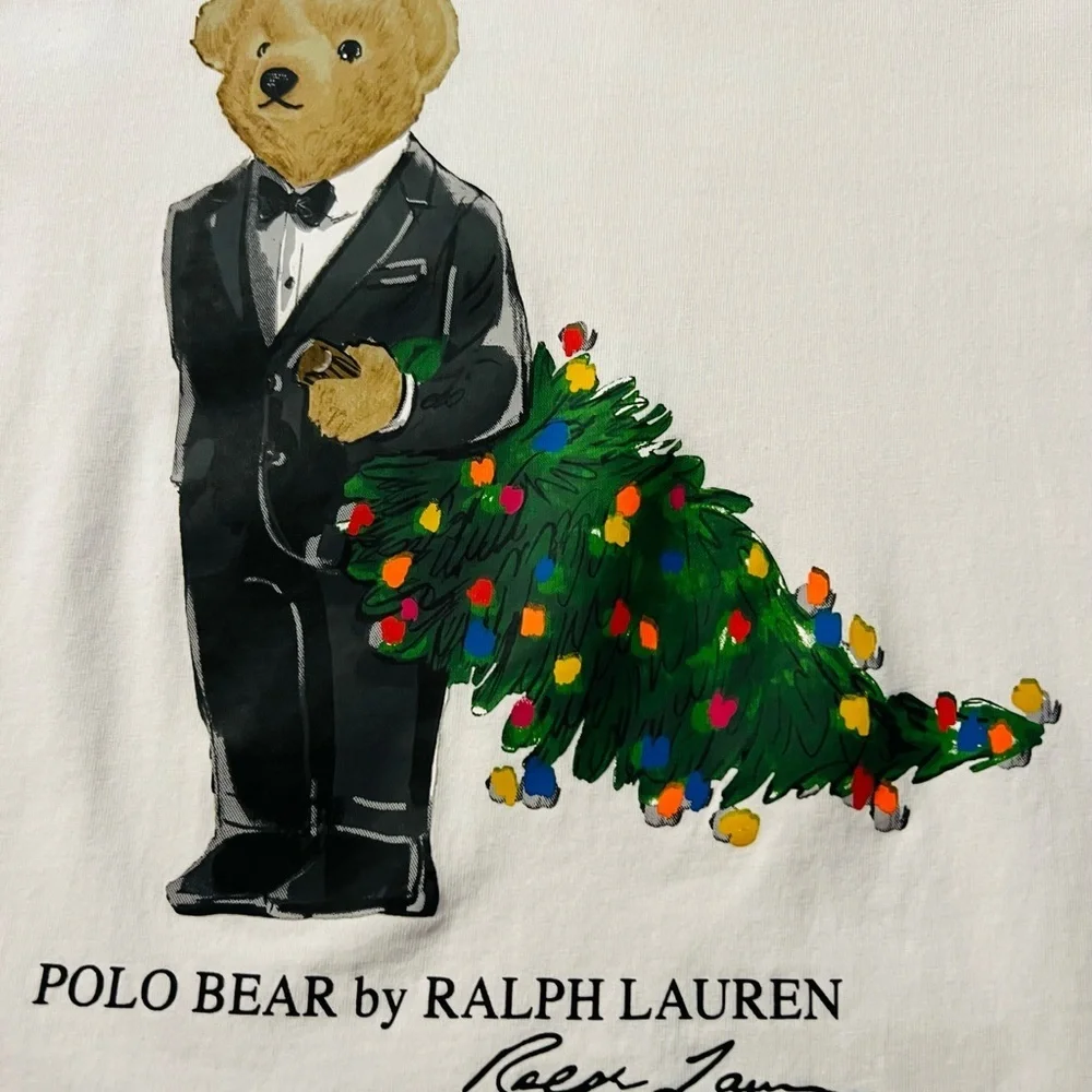 Ralph Lauren Kids White Long Sleeve Tee with Bear Graphic Size 8